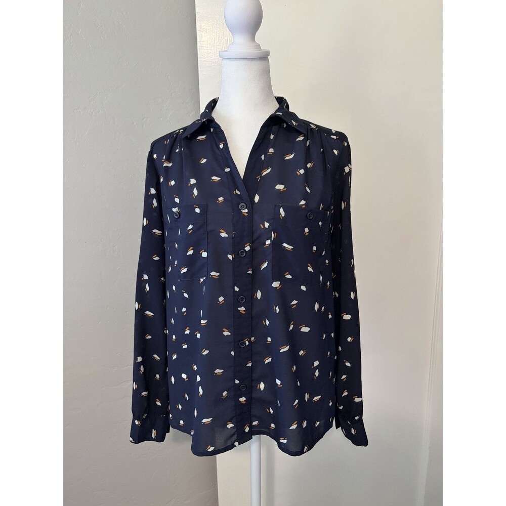 I Love H81 Navy Blue Abstract Print Sheer Button Down Blouse Top Small Preppy